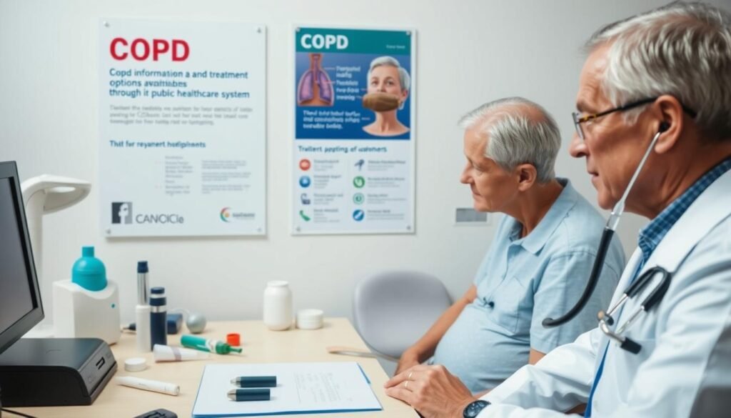 A clinical setting with a doctor's desk, medical equipment, and a patient undergoing COPD treatment. The foreground features the doctor examining a patient's lungs with a stethoscope, while the middle ground shows various inhalers, nebulizers, and other COPD management tools. The background depicts a wall-mounted display of COPD information and treatment options available through the public healthcare system. The lighting is soft and professional, creating a calming and informative atmosphere. The composition emphasizes the collaborative nature of COPD treatment, with the doctor and patient working together towards better respiratory health.