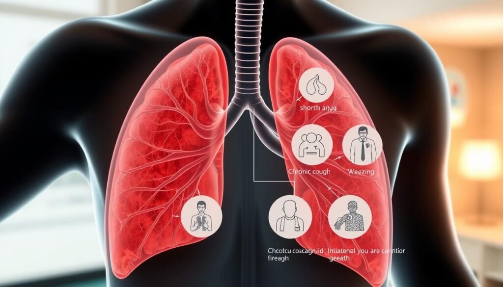 A detailed medical illustration depicting the key symptoms of Chronic Obstructive Pulmonary Disease (COPD). The foreground shows a realistic cross-section of the human respiratory system, highlighting the narrowed airways, inflammation, and excess mucus production characteristic of COPD. The middle ground features schematic icons representing the common symptoms, such as shortness of breath, chronic cough, wheezing, and fatigue. The background is a softly-lit, clinical environment, conveying a sense of medical authority and educational purpose. Rendered with a photorealistic style and natural lighting, the image aims to precisely communicate the essential visual information about COPD symptoms to the viewer.